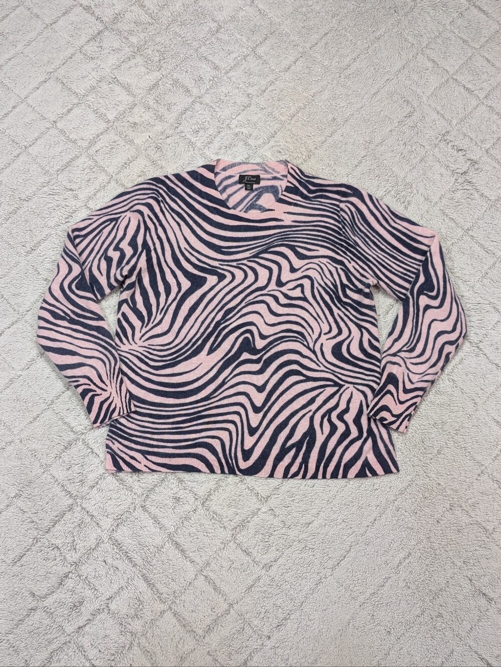 J. Crew Sweater Womens XL Pink Black Animal Zebra Stripe Cashmere Crew Fitted